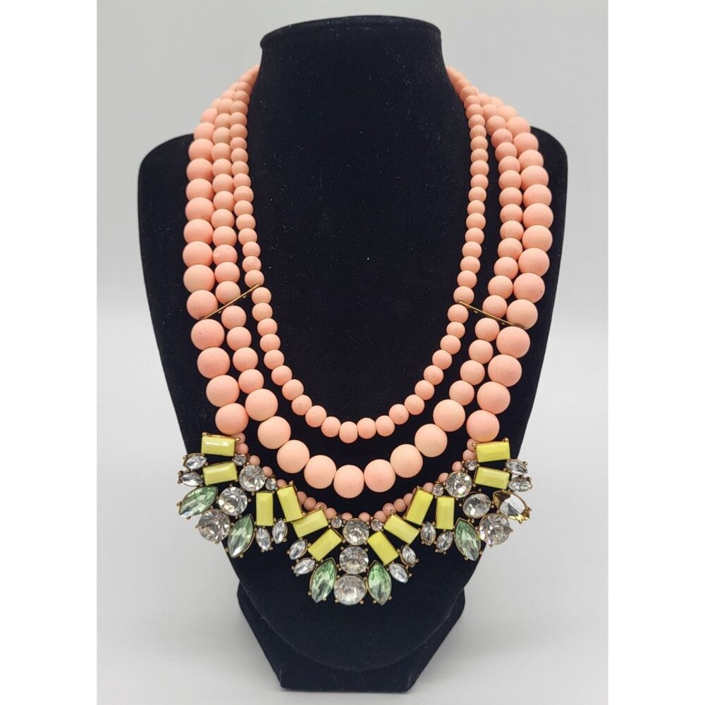 David Aubrey Statement Crystal Beaded Pastel Necklace Peach Green Yellow Boho